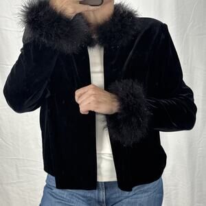 Patra Vintage Black Velvet Metallic & Fur Trim Jacket Coat Size XL Gothic Witchy